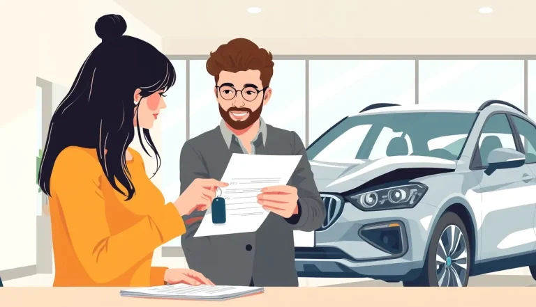 Predajca odovzdáva kľúče od nového vozidla zákazníkovi v autosalóne