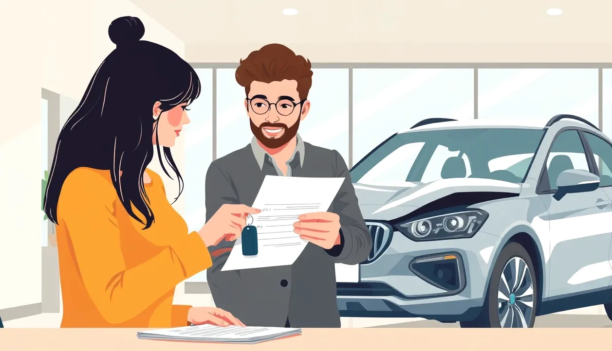 Predajca odovzdáva kľúče od nového vozidla zákazníkovi v autosalóne