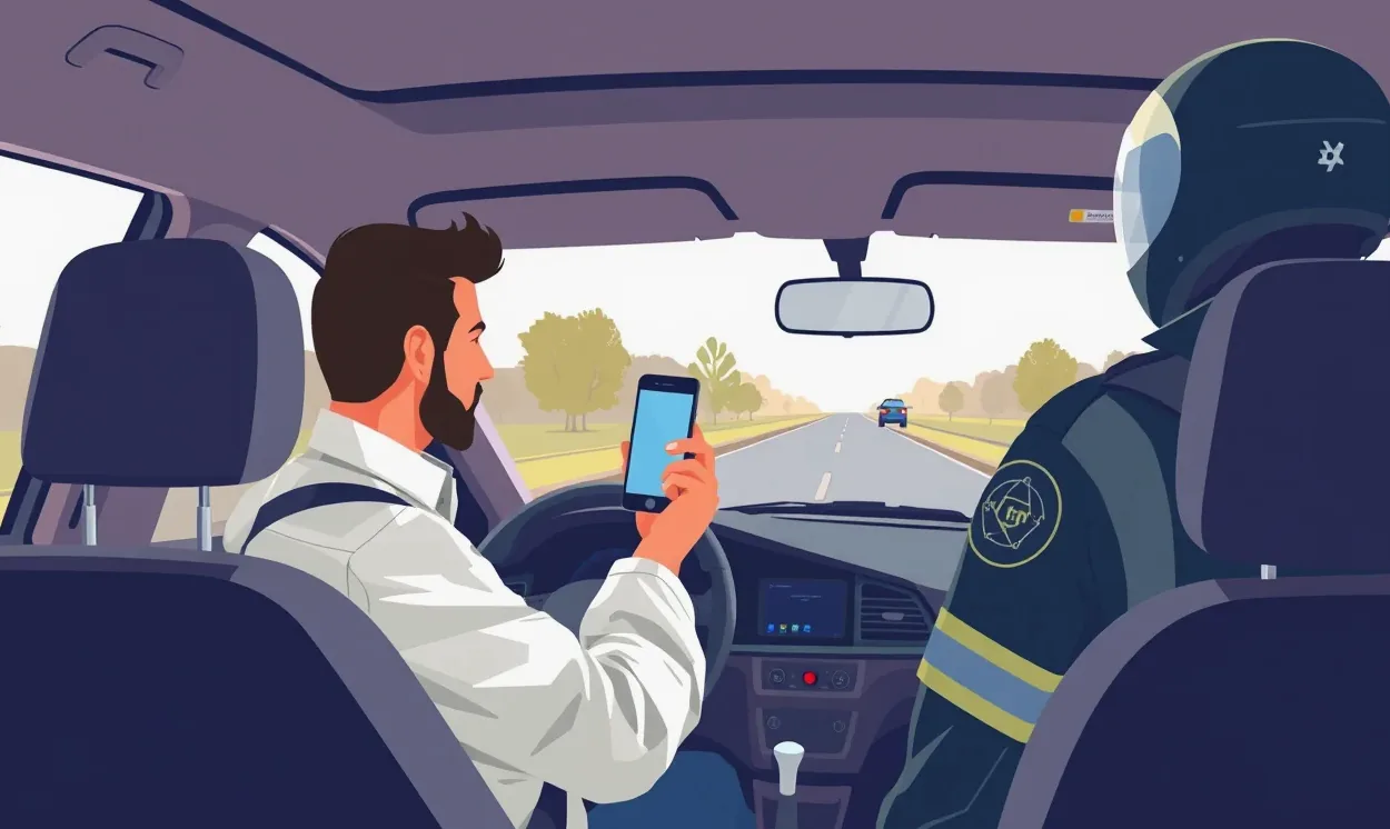 Vodič pri cestnej kontrole ukazuje policajnej hliadke zelenú kartu v smartfóne