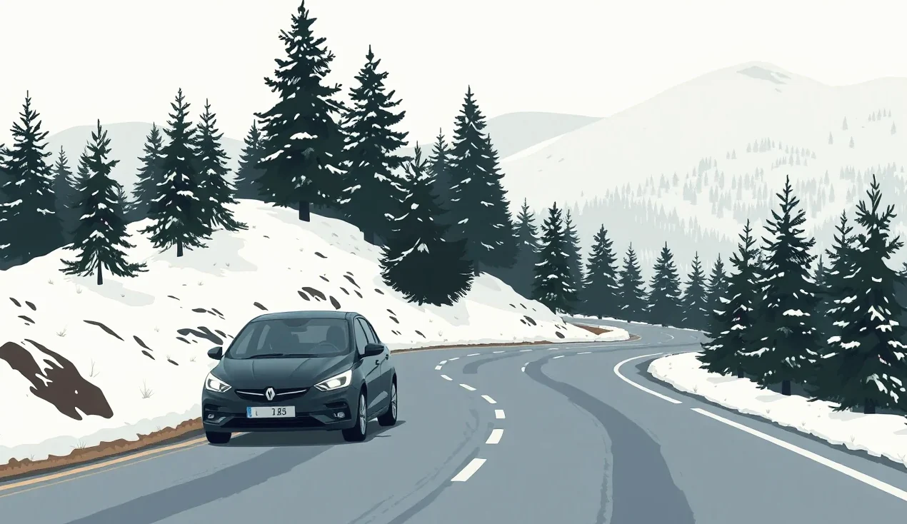 Príves a obytné auto zaparkované na zasneženom parkovisku v Alpách