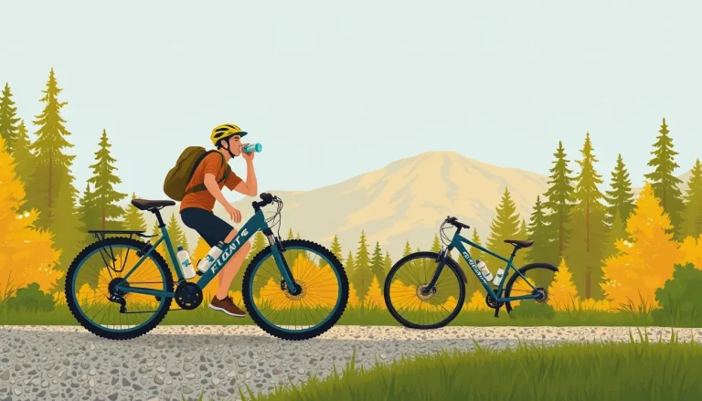 Horský cyklista v prilbe schádza po strmom kamenistom lesnom traili