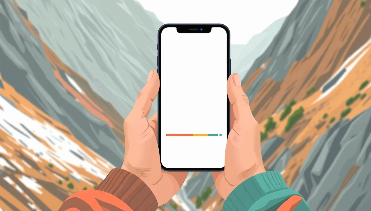 Starší turista na lesnom chodníku v horskom teréne kontroluje mobilný telefón pred túrou