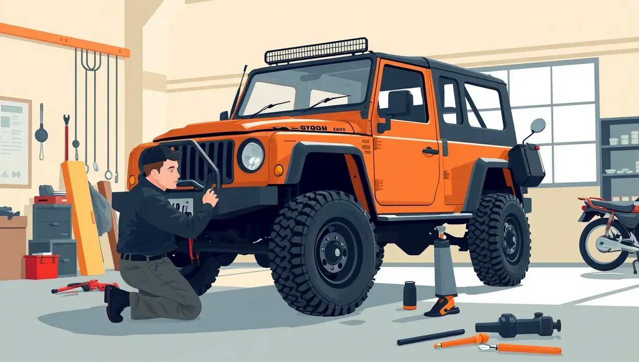 Pracovník technickej kontroly kontroluje údaje vozidla Jeep
