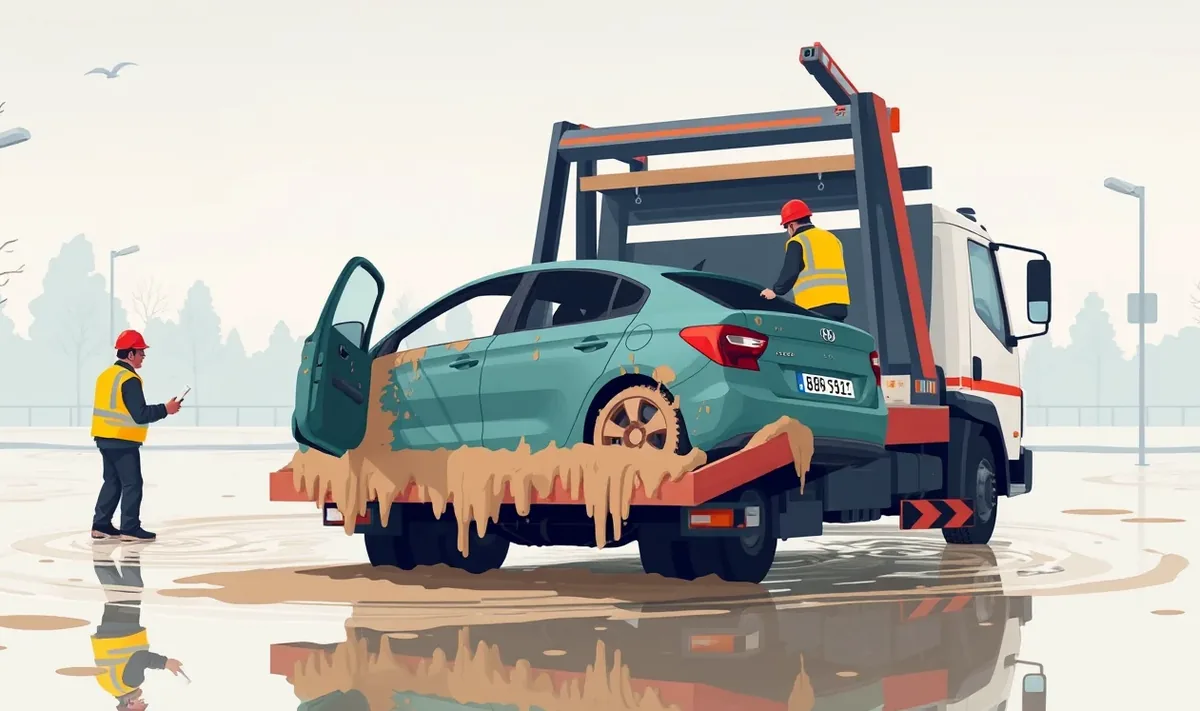 Pohľad na zablatené koleso a poškodený prah automobilu po prejazde rozliatou vodou