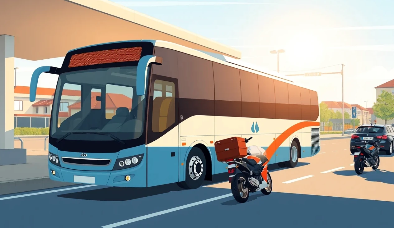 Moderný diaľkový autobus zaparkovaný na termináli pred odchodom na linku