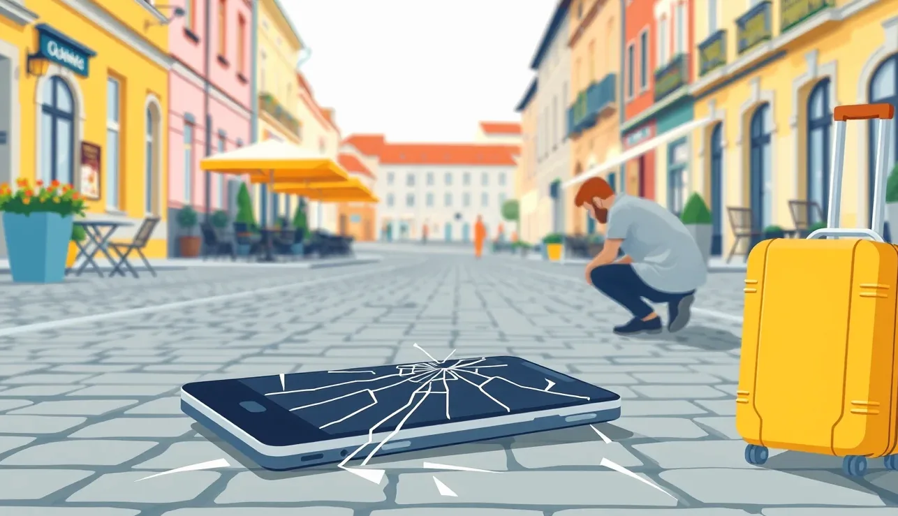 Muž pri hotelovom bazéne drží smartfón s poškodeným displejom