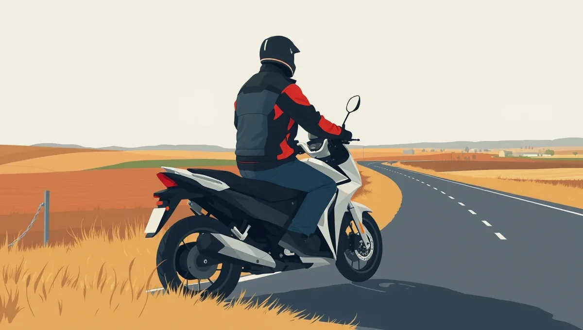 Motocyklista v koženej kombinéze kontroluje stav stroja pred jazdou