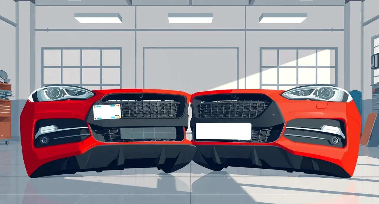 Mechanik v autoservise porovnáva poškodený nárazník s novým náhradným dielom