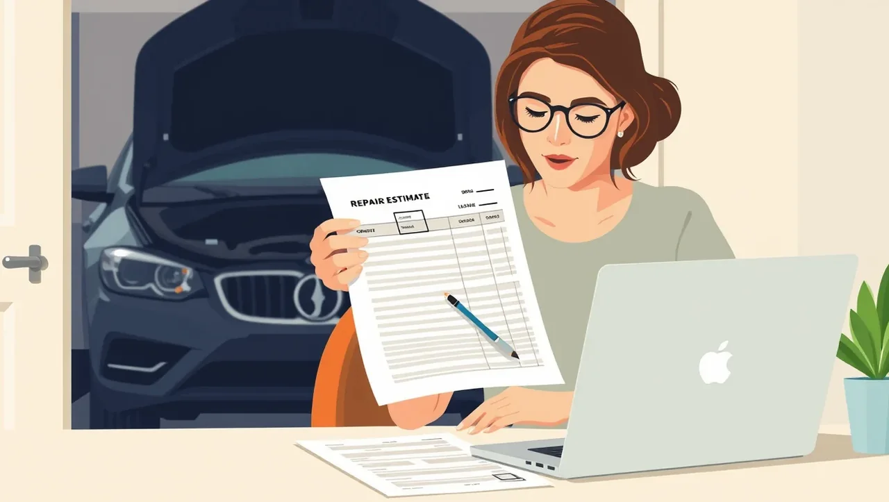 Automechanik kontroluje podvozok a deformačné zóny vozidla po nehode na zdviháku