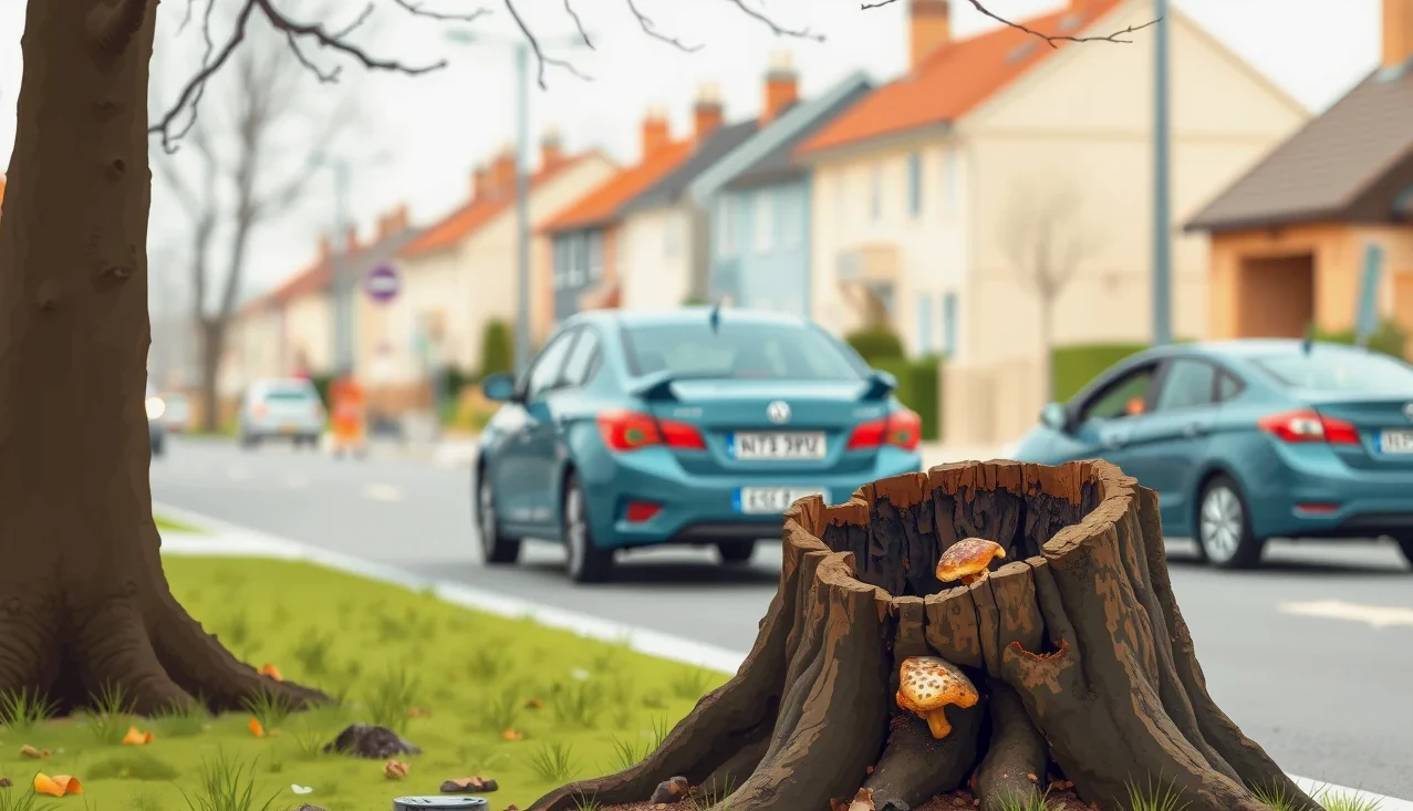 Polámané vetvy a vyvrátený strom ležiaci na ceste a zaparkovaných autách po búrke