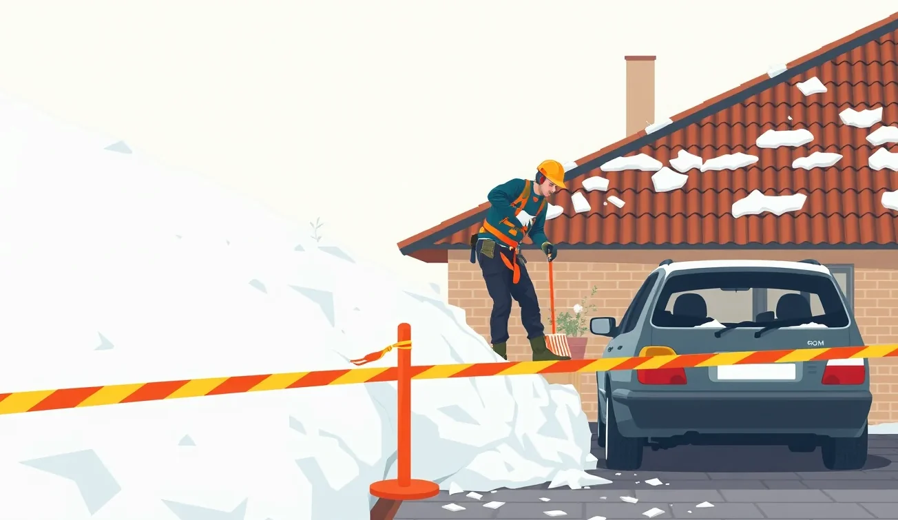 Osobné auto s prelomeným čelným sklom a vrstvou ťažkého snehu na kapote pred obytným domom