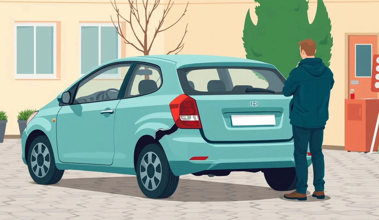 Pracovník servisu kontroluje poškodený nárazník osobného auta na zdviháku