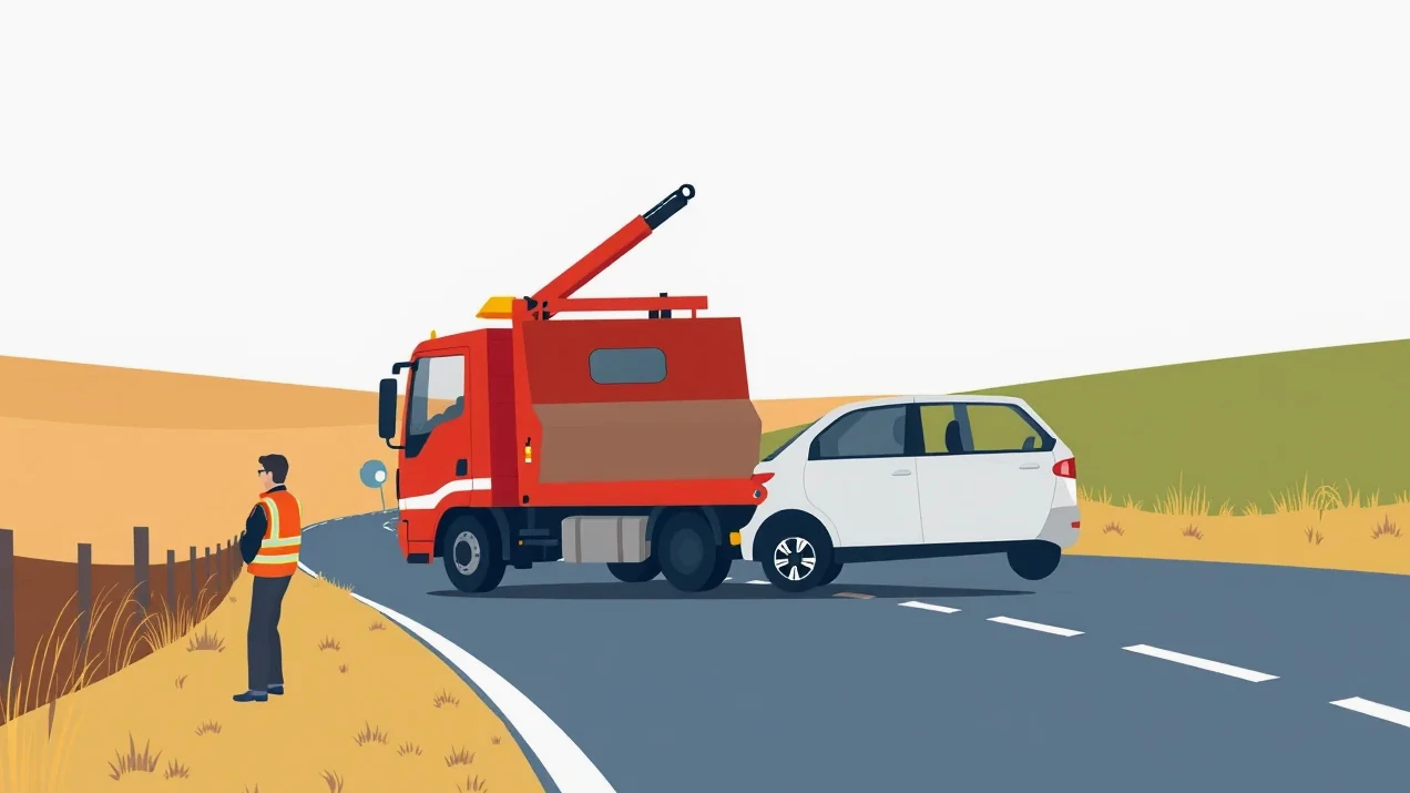 Žlté odťahové vozidlo nakladá nepojazdný firemný osobný automobil na diaľnici