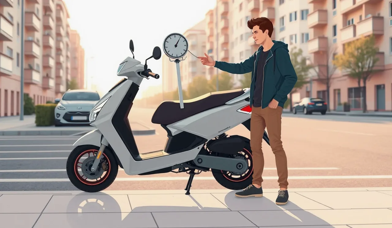 Mladý muž kontroluje výrobný štítok na elektrickej kolobežke pri chodníku