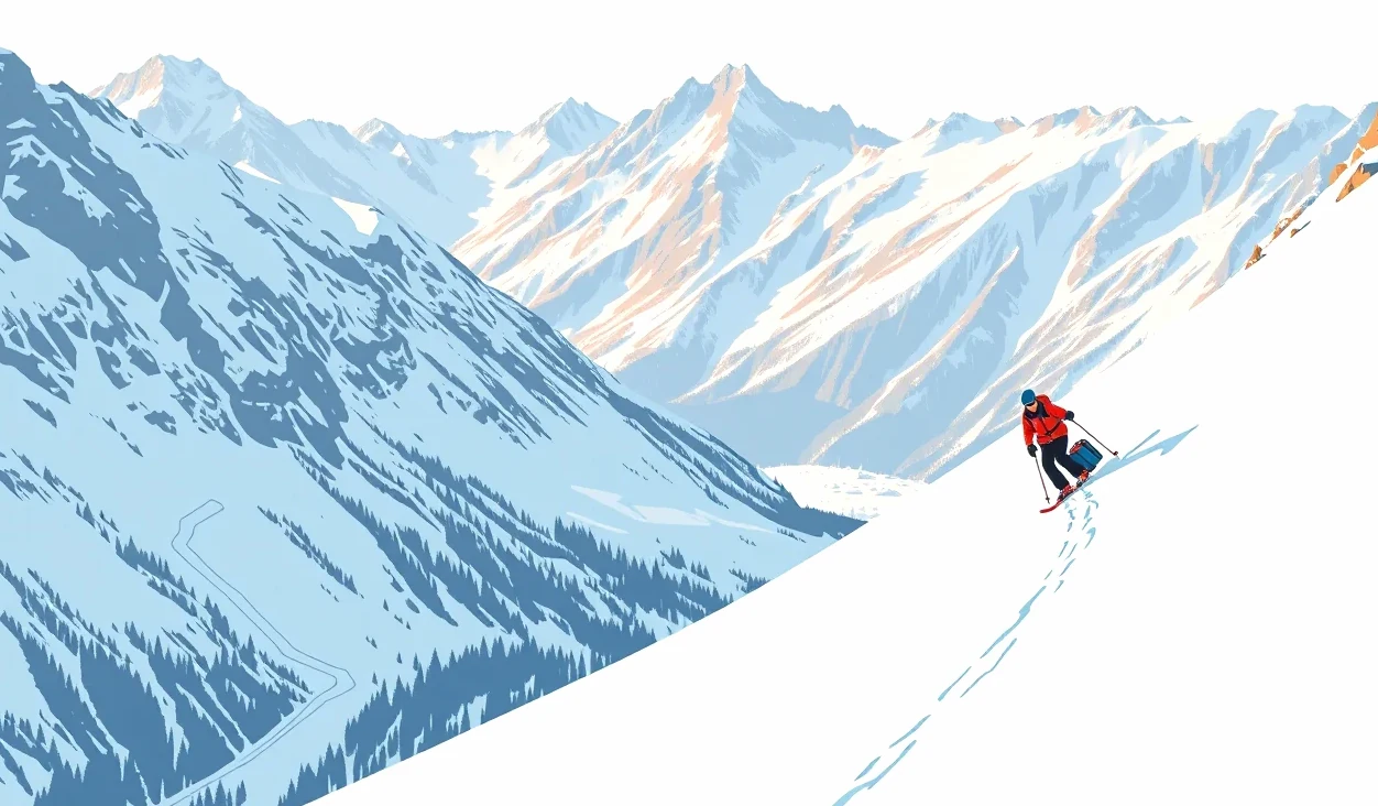 Pohľad na zasneženú horskú cestu do Álp a osobné auto s lyžiarskym boxom na streche