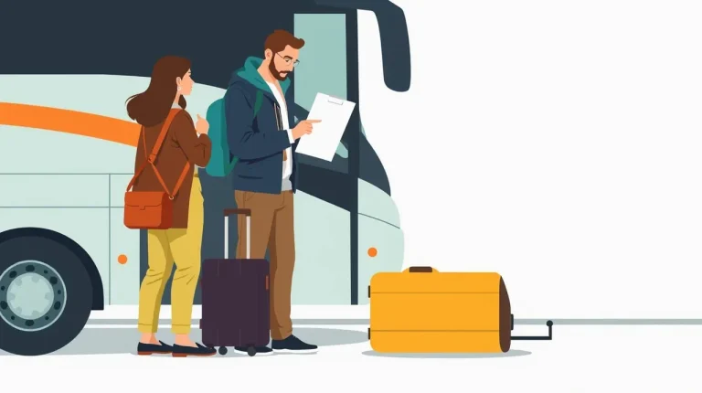Cestujúci nastupujú s batožinou do diaľkového autobusu na stanici pred nočným odchodom