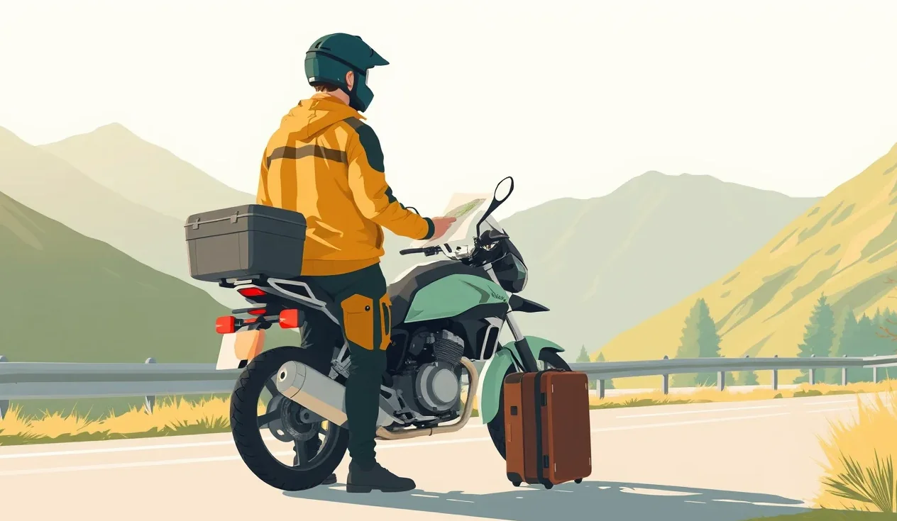 Poškodená motocyklová prilba a ochranná bunda položené na kufri motocykla