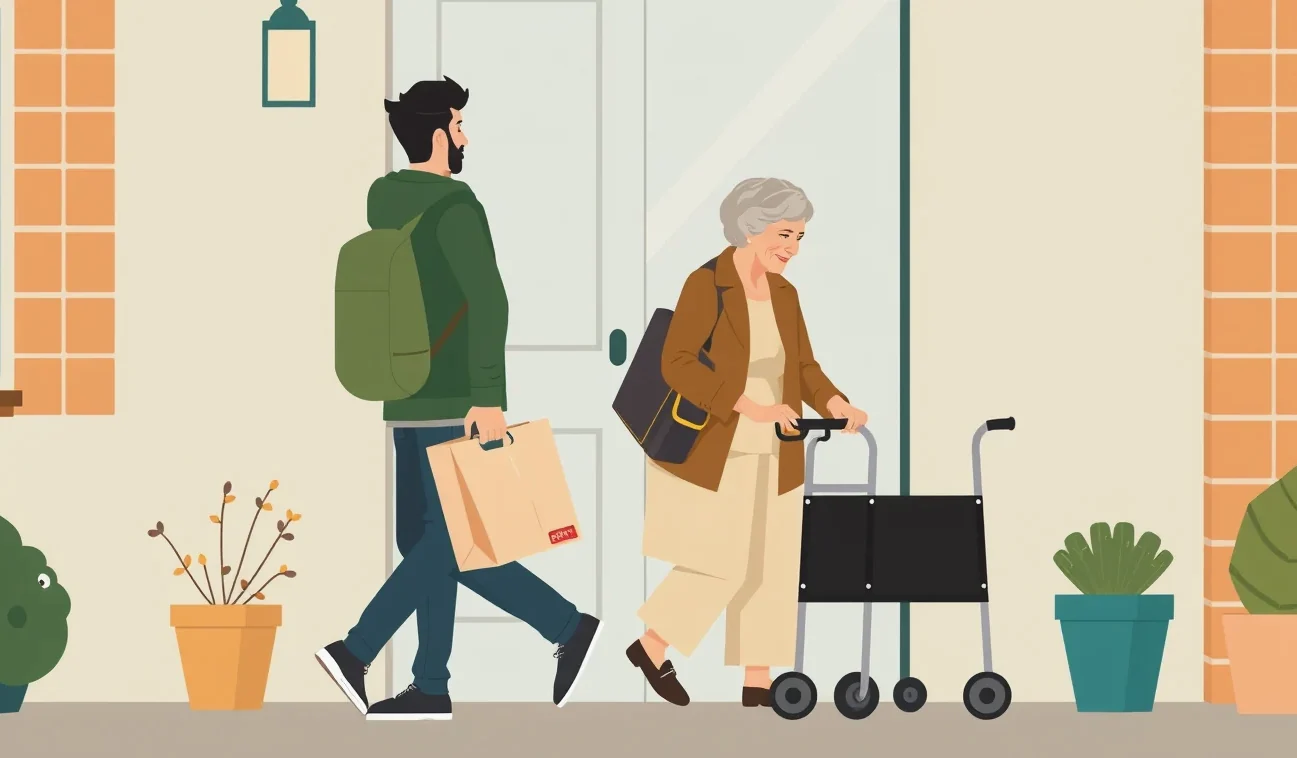 Seniorka s barlou kráča po byte s pomocou opatrovateľky