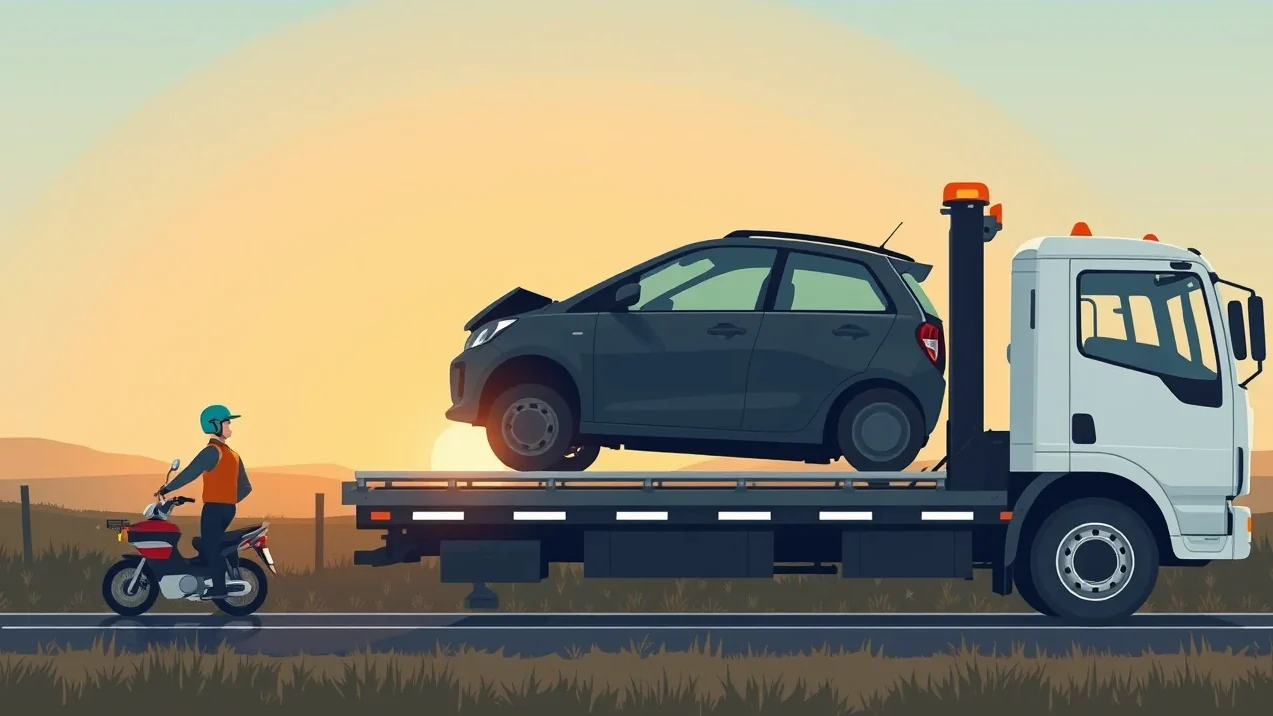 Pracovník asistenčnej služby nakladá nepojazdné vozidlo na odťahový automobil pri ceste