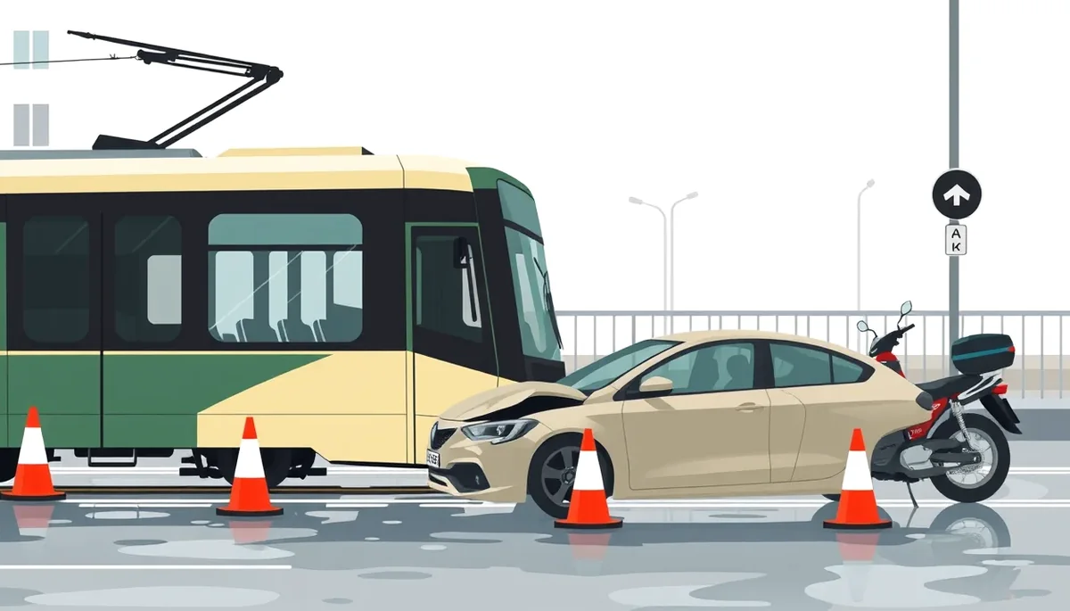 Pohľad na električkové koľajnice a poškodené trakčné vedenie v meste