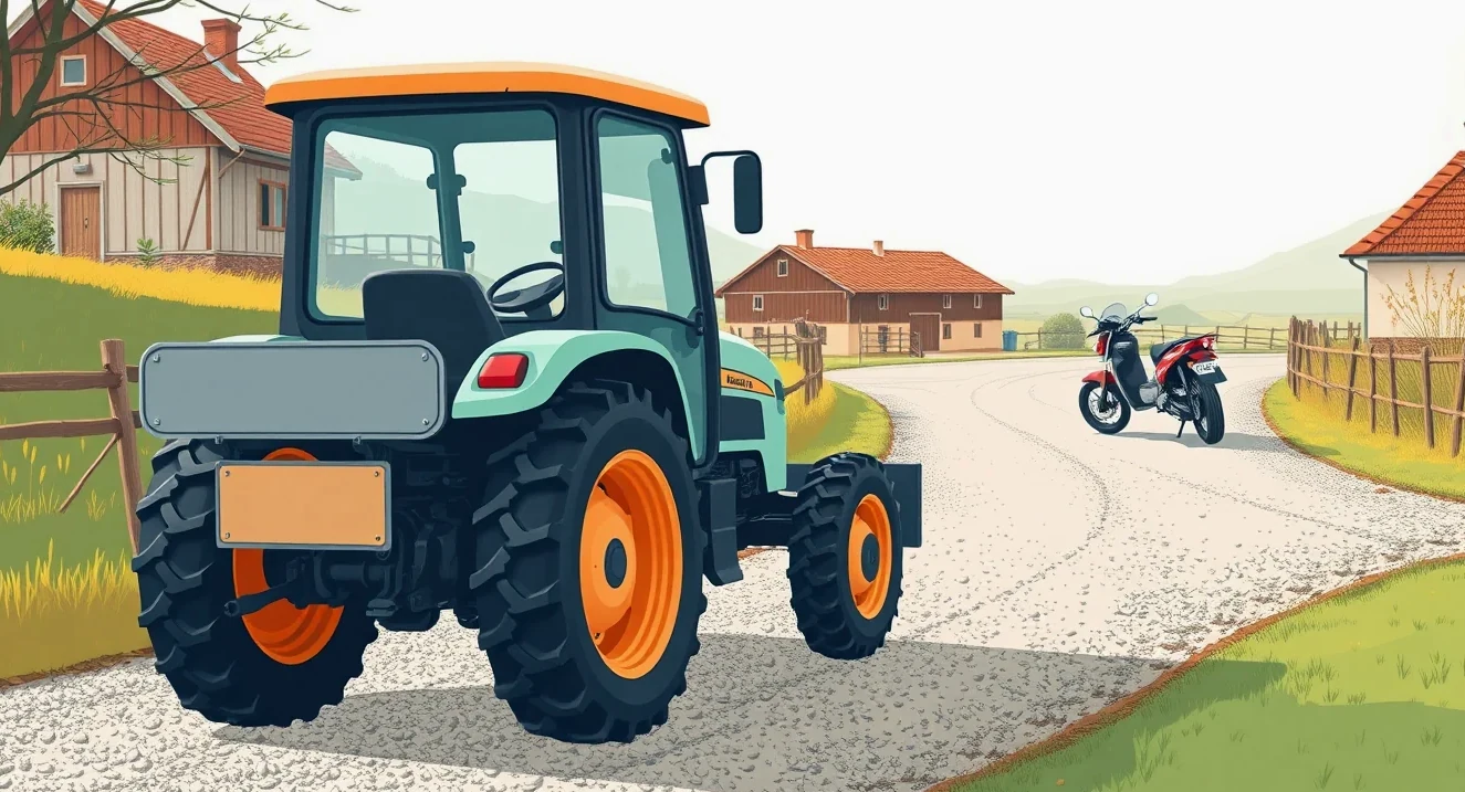 Malotraktor s podomácky zhotovenou vlečkou odstavený na okraji poľnej cesty