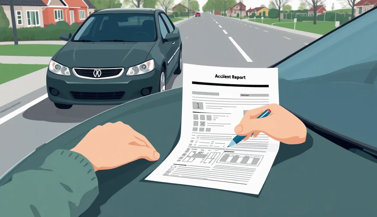 Vodič vypĺňa správu o nehode pri poškodenom automobile na parkovisku