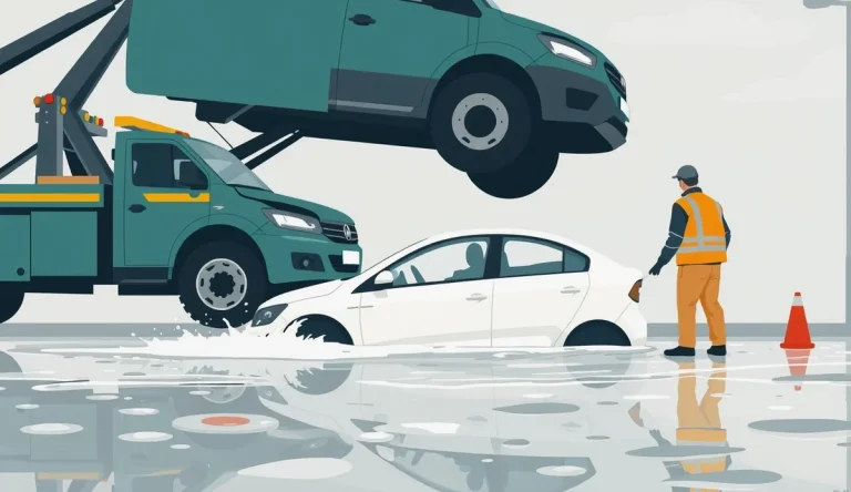 Osobné auto stojace v hlbokej vode pod zaplaveným železničným podjazdom počas búrky