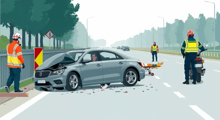 Záchranné zložky a policajné vozidlo zasahujúce pri dopravnej nehode na ceste