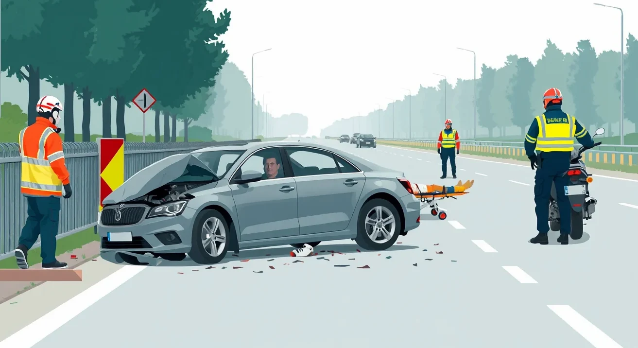 Záchranné zložky a policajné vozidlo zasahujúce pri dopravnej nehode na ceste