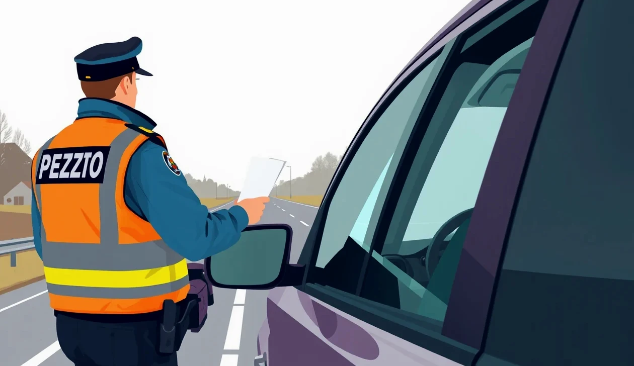Policajná hliadka kontroluje doklady od vozidla mladému vodičovi pri cestnej kontrole